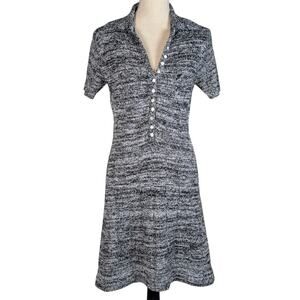 Vintage Knit A Line Button Front Dress Black White Blue Marled Pattern